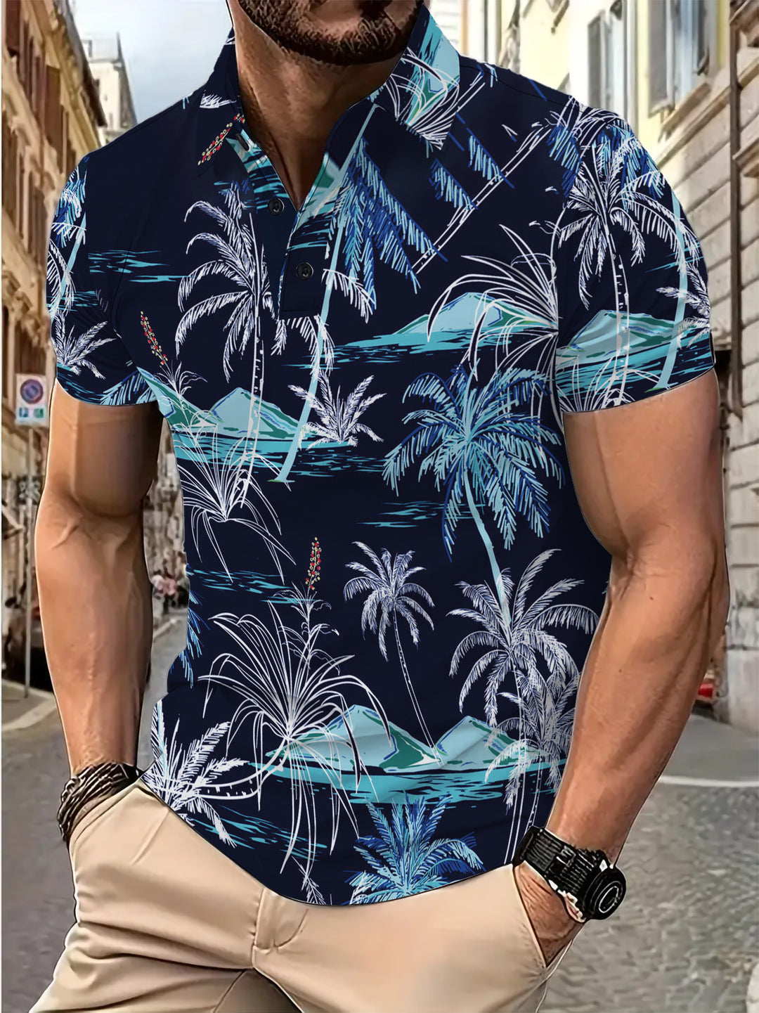 Herrer Poloshirt med tropisk palmeprint Stilla