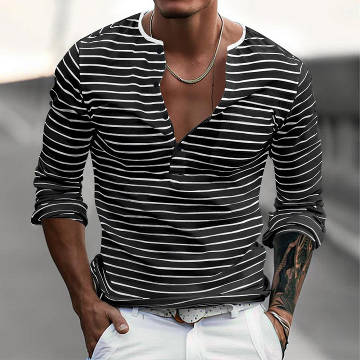 Herrer Langærmet skjorte med dekorativ Henley-udskæring og stribet design Stilla
