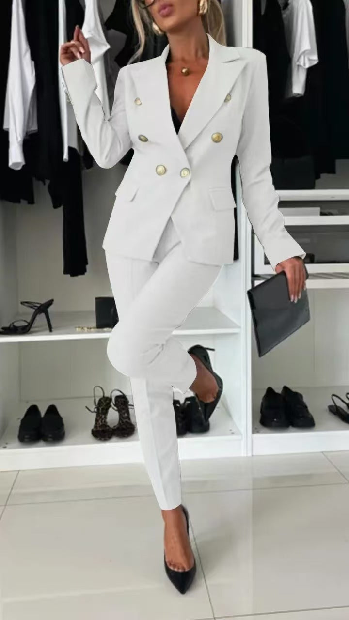 Dame elegant blazer-dragt-sæt med dobbeltradet blazer og smalt skårne bukser Stilla