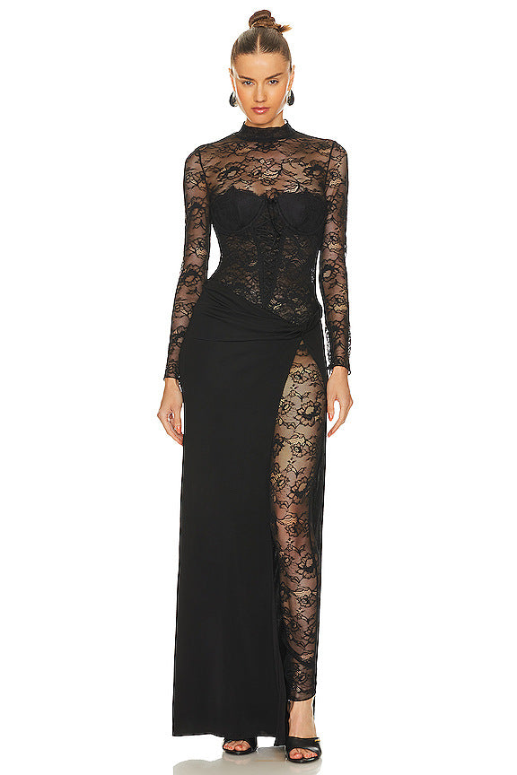 Dame Lang Spitze Kjole med transparente indsatser og elegant slids Skovae