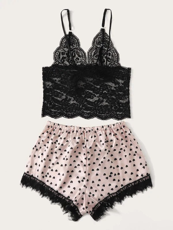 Dame Lace Crop-Camisole og Satin-Shorts Sæt Stilla