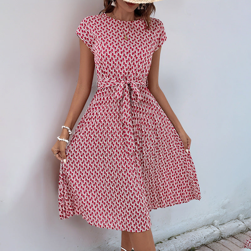 Dame Floral Print Midi Kjole med justerbar Talje Snor Stilla
