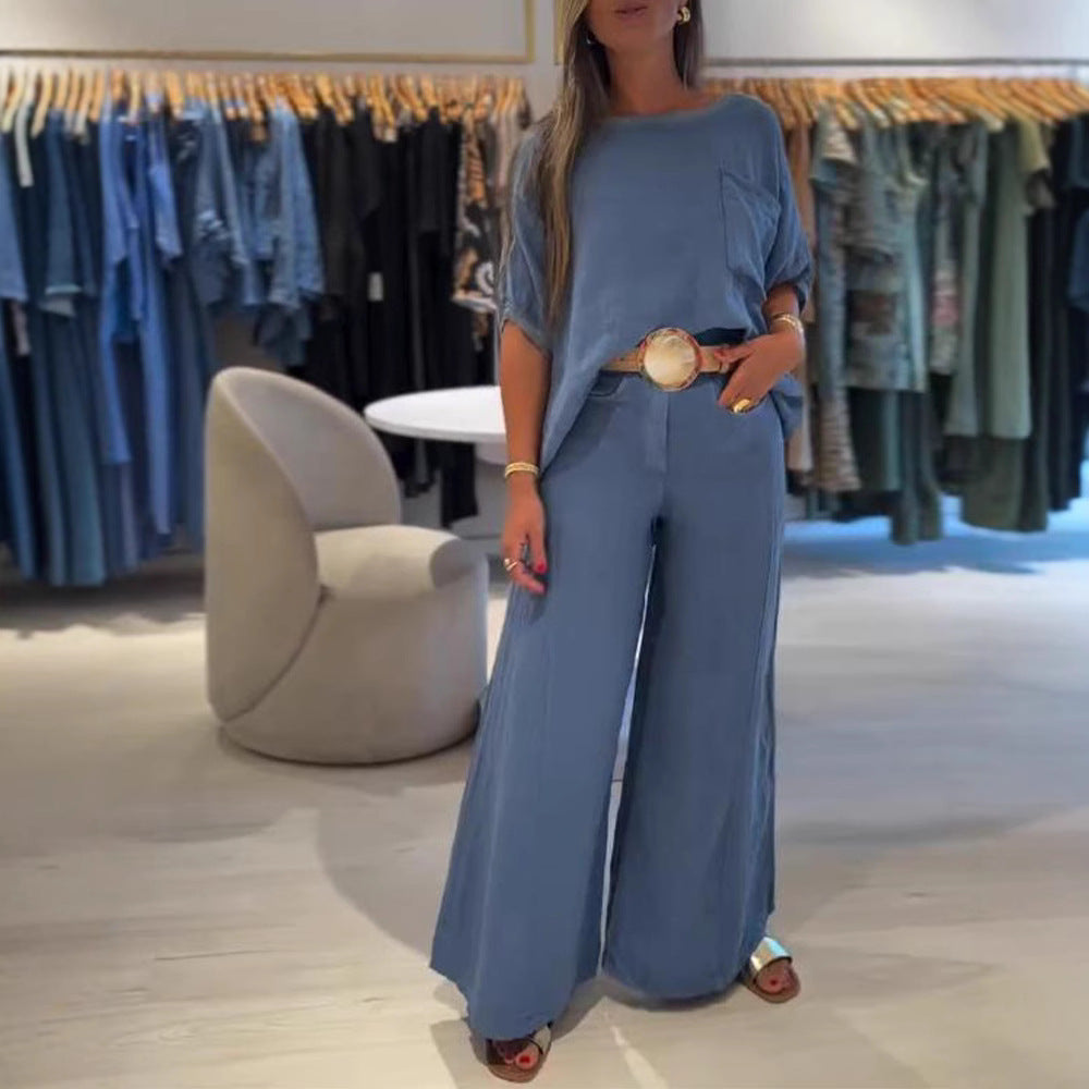 Damer i Leinenmix-sæt med boxy oversize-shirt, brystlomme og bred palazzo-bukser Skovae