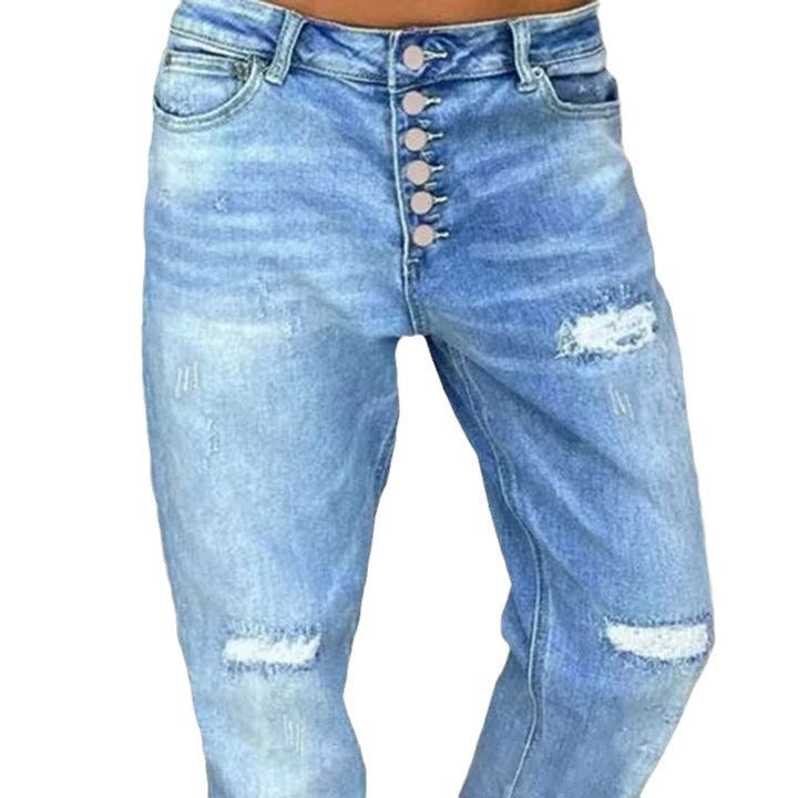 Dame Mom Jeans med knaplukning og stilfulde slidte detaljer