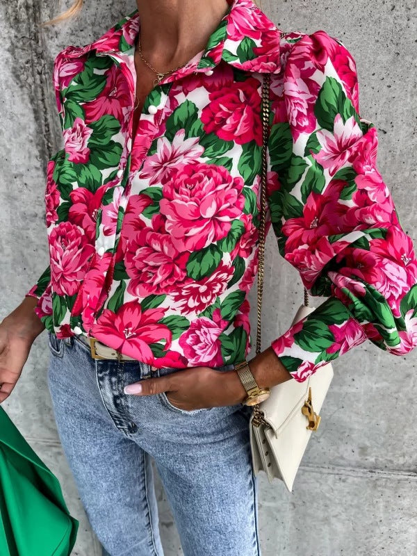 Damebluse med blomstret tryk og voluminøse ærmer Stilla