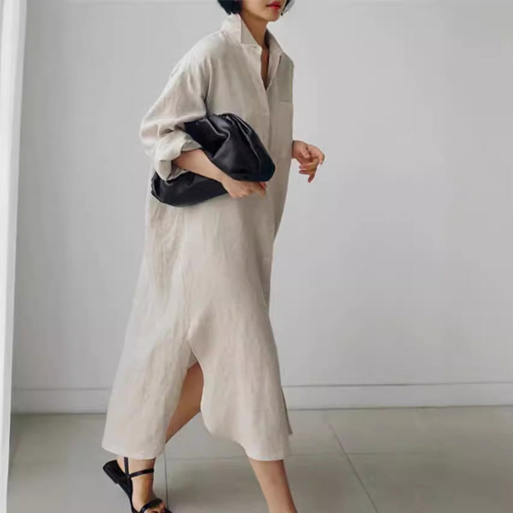 Dame Oversized Skjortekjole med side Slids og fin Linnedstruktur Stilla