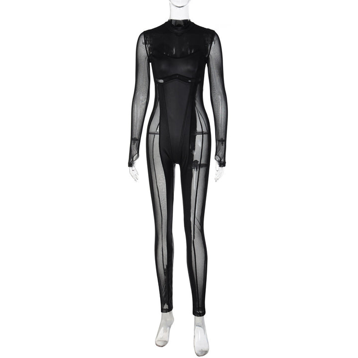 Dame gulvlangt, gennemsigtigt jumpsuit med smalle indlæg og elegant krave Stilla