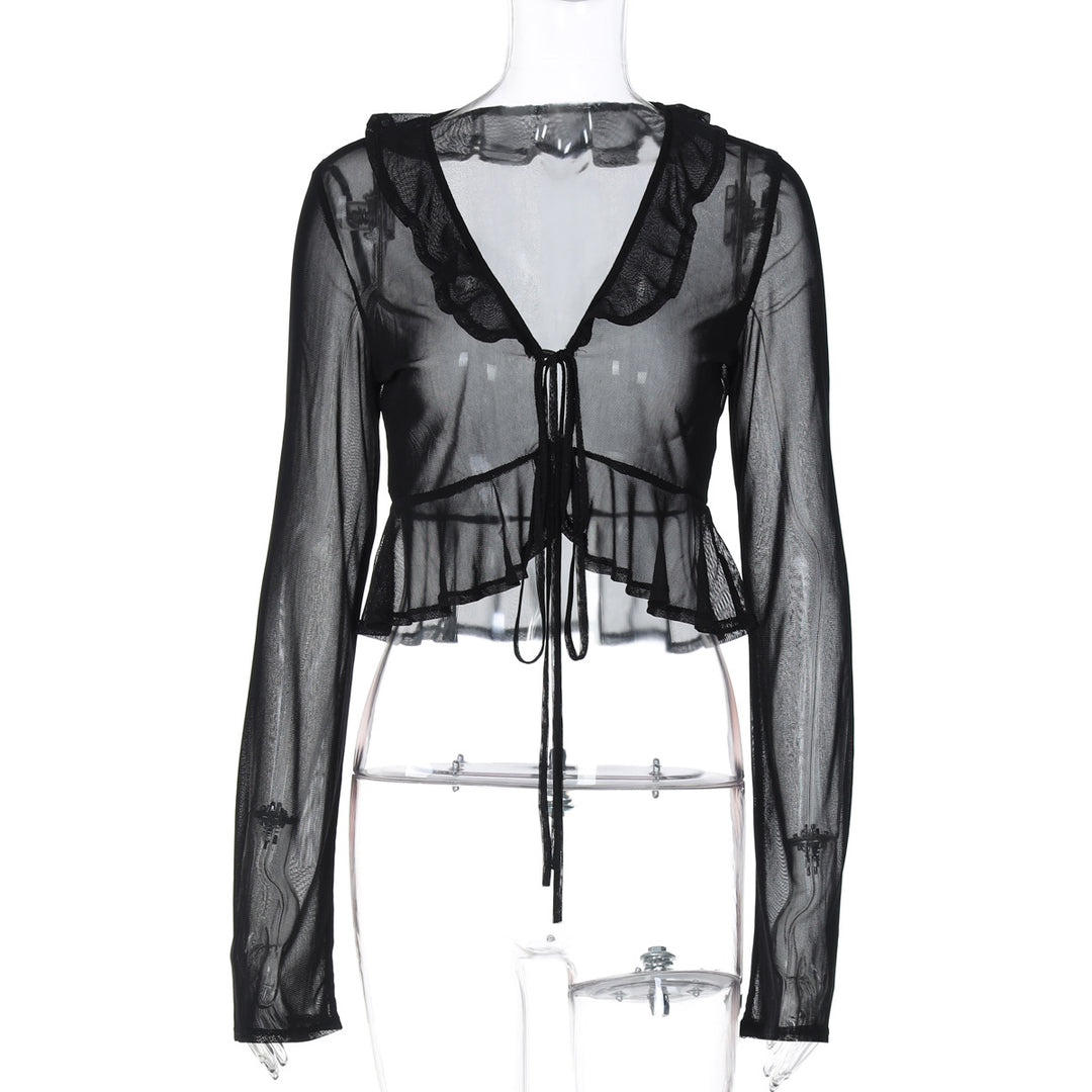 Dame Transparent Bluse med Ruffle detaljer og Snor Stilla