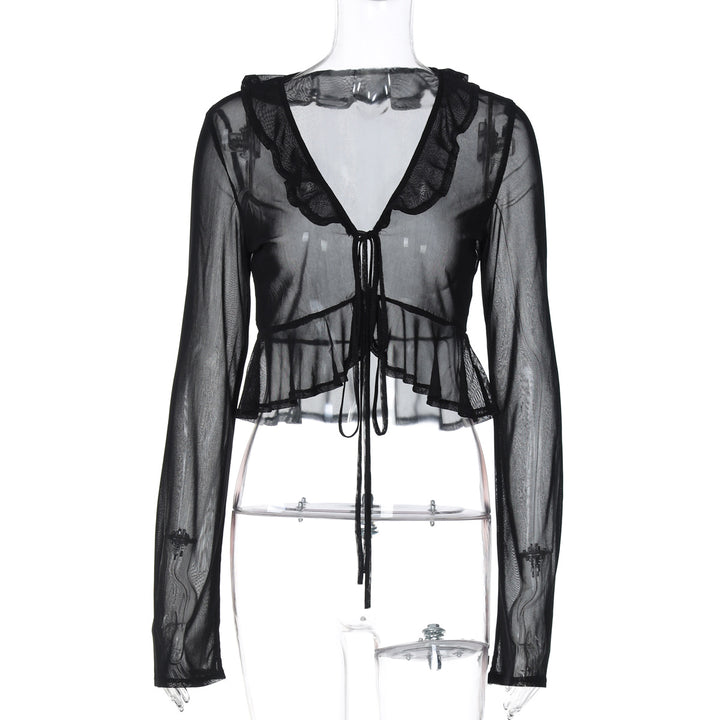 Dame Transparent Bluse med Ruffle detaljer og Snor Stilla