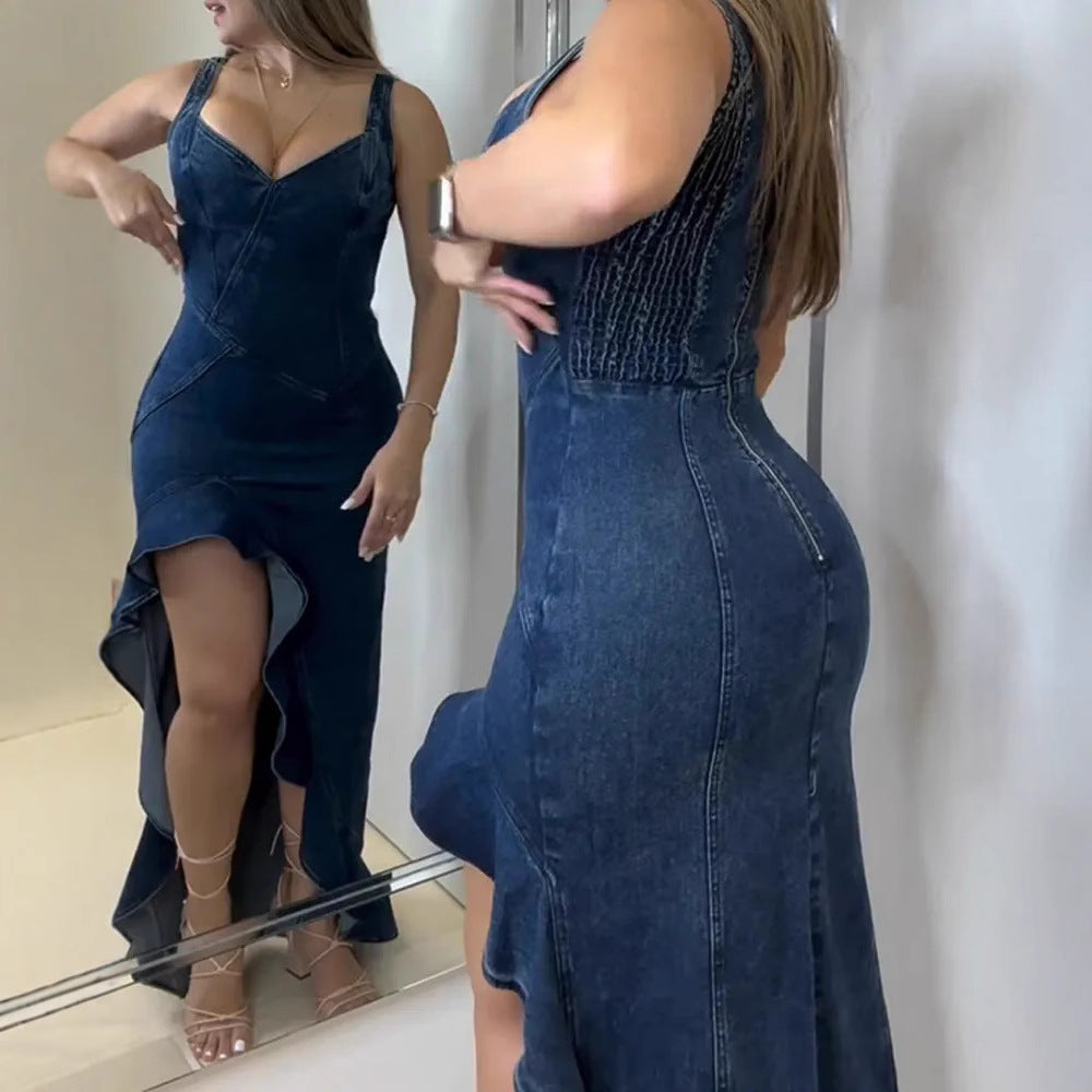 Dame maxikjole i denim med figurvenlig pasform Stilla