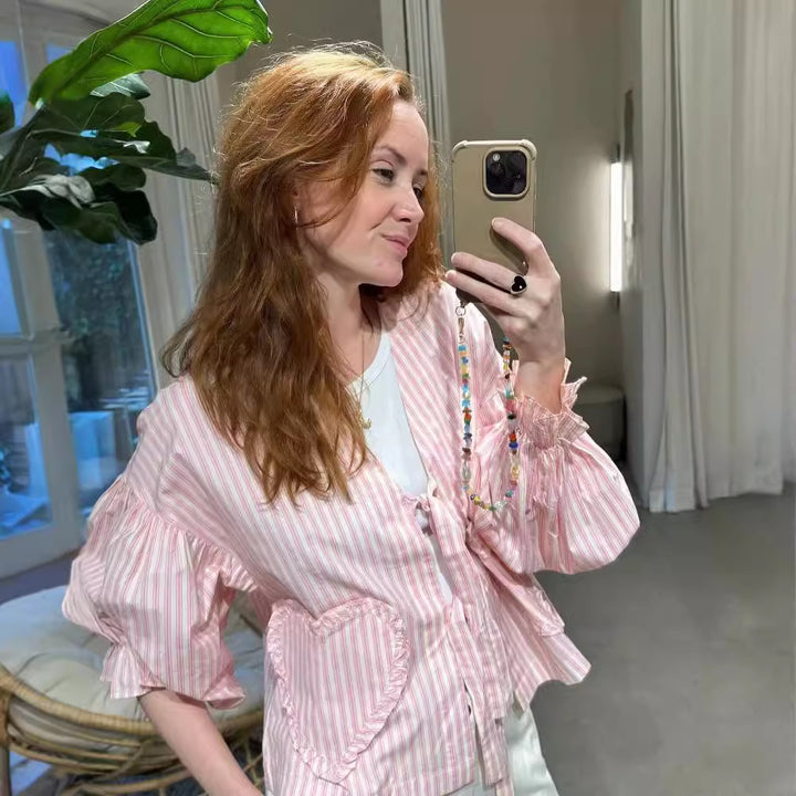 Dame pyjamassæt med flæsedetaljer og hjerter Stilla