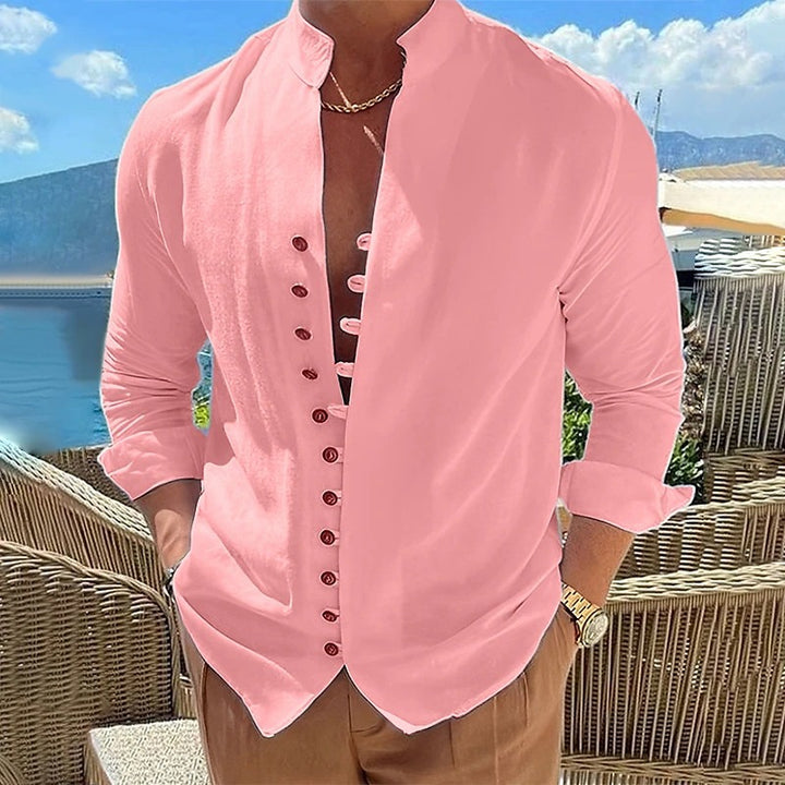 Herrer Mode Leinenbluse med Henley-krave og knapdetalje Stilla