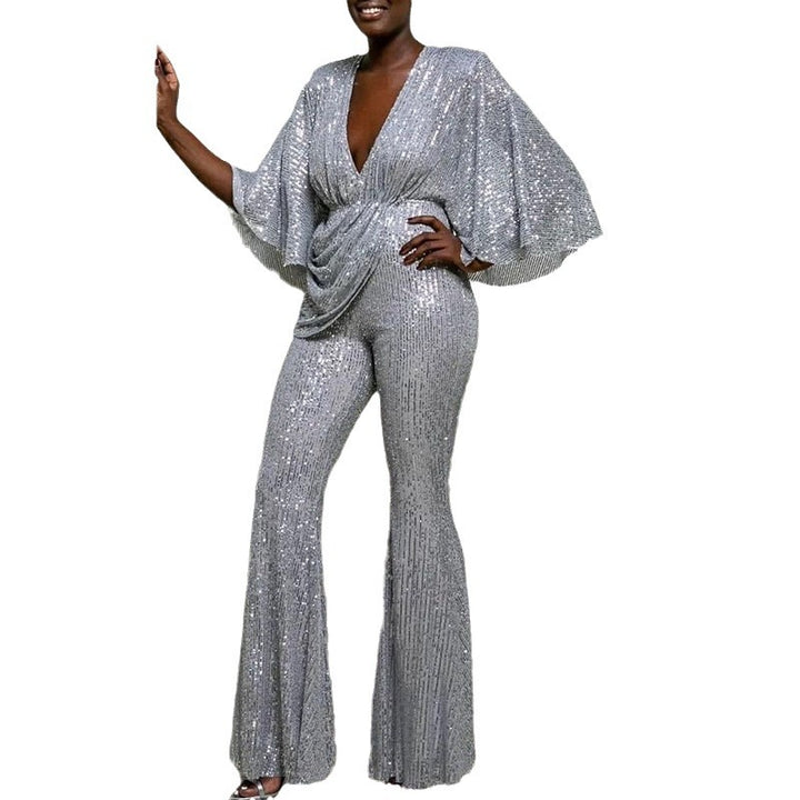 Dame Glamourøs Jumpsuit med funklende Palietter og bredt Ben Stilla