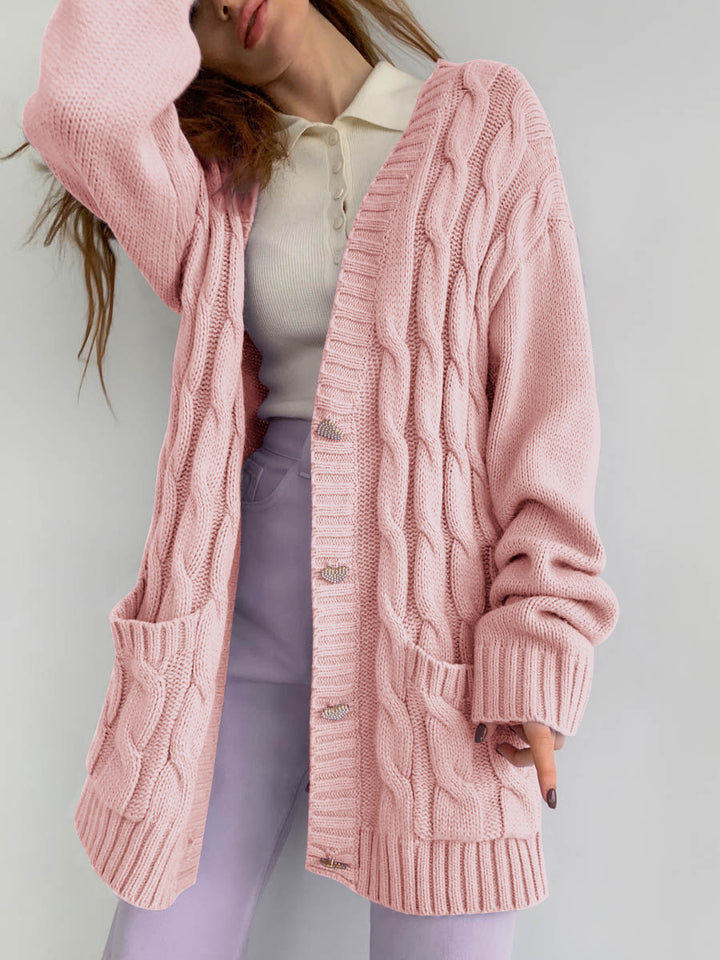 Dame Grovstrik cardigan med hjerteformede knapper og sidelommer Stilla