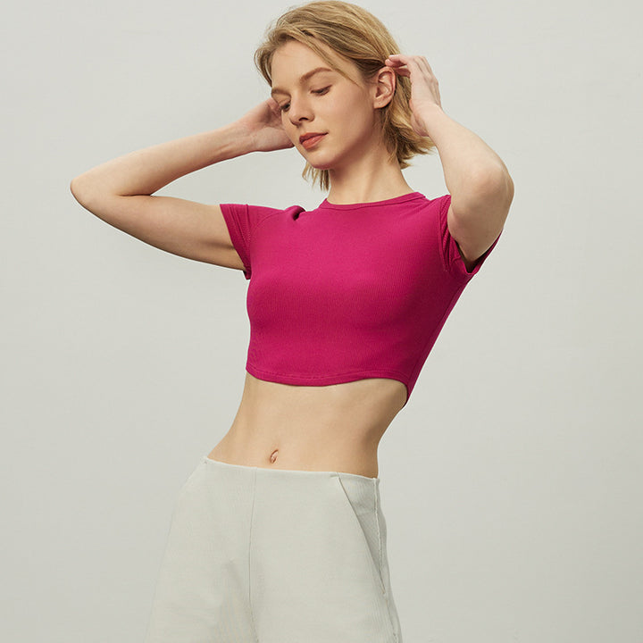 Dame Rib-Crop-Top i elastisk materiale med rund halsudskæring Stilla