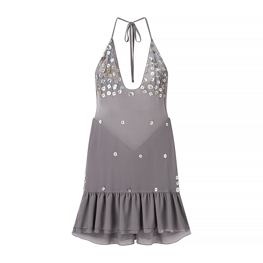 Femme Halter Neck Beaded Flounced Mini Dress Stilla
