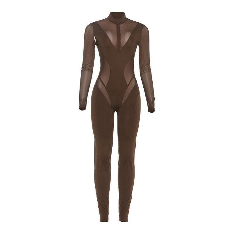 Dame Elegant Catsuit med gennemsigtige indsatser og høj krave Skovae