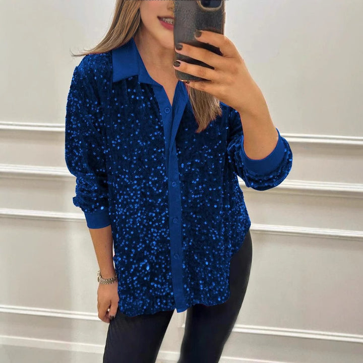 Kvindernes Funklende Paillet Bluse med Klassisk Krave Stilla