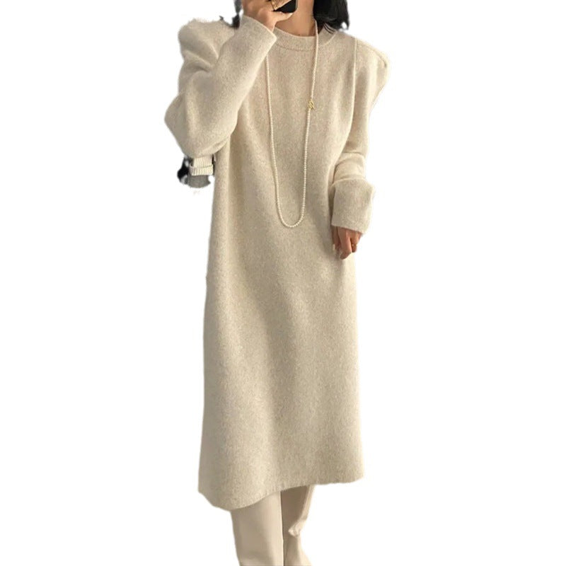 Femme Elegante Lange Oversized Strikkjole med Puffærmer Stilla