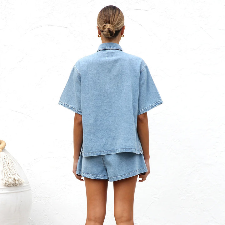 Dame Denim-Casual Sæt med kort top og shorts Stilla