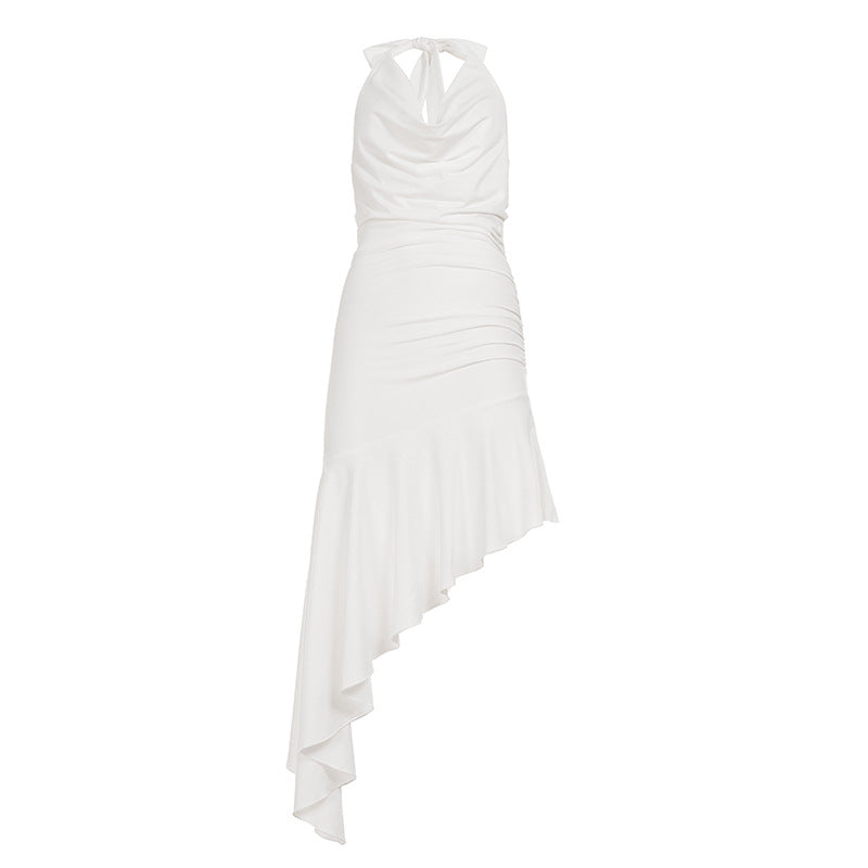 Dame One-Shoulder-Maxi-kjole med flæsedetaljer og elegant halterneck Skovae
