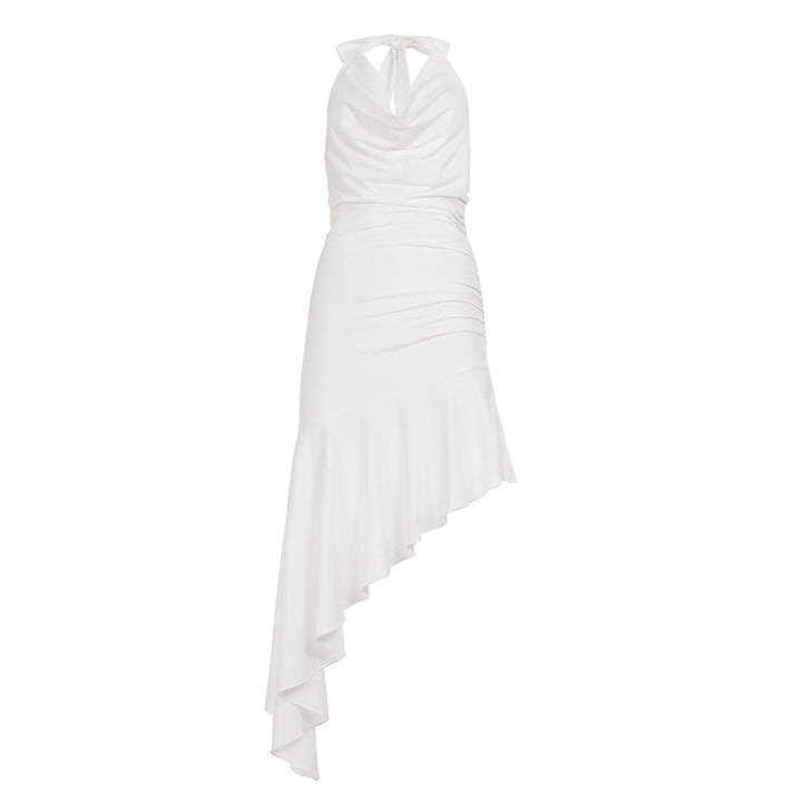 Dame One-Shoulder-Maxi-kjole med flæsedetaljer og elegant halterneck Skovae