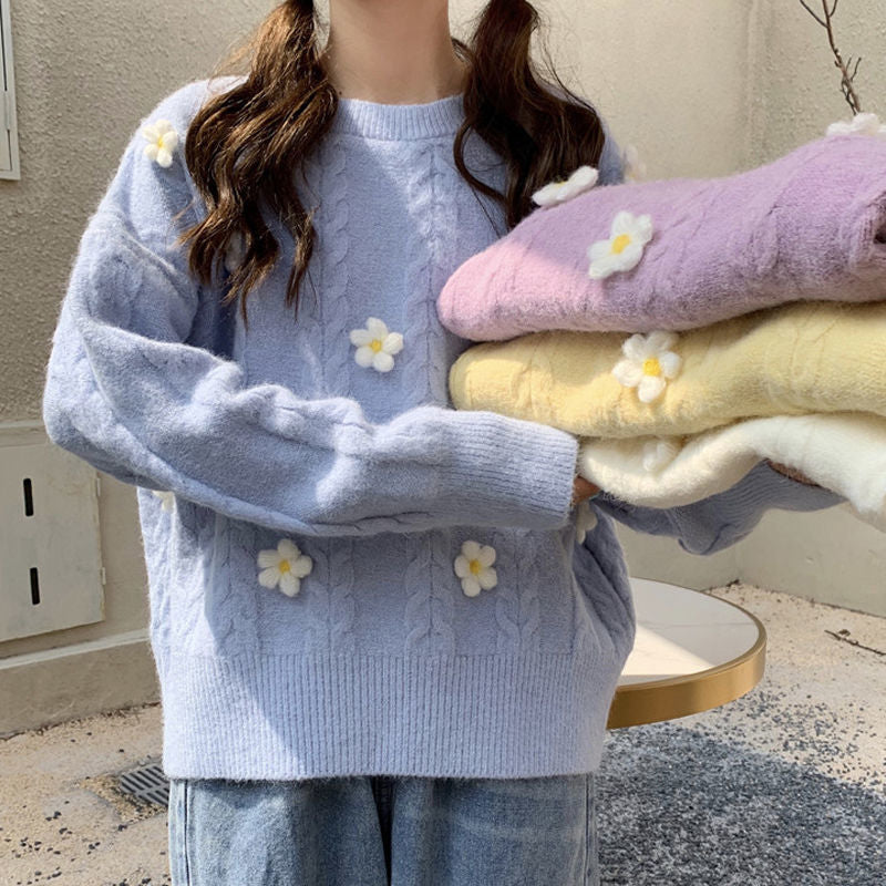 Dame Fashionable Chunky Strik Sweater med Blomsterapplikationer Stilla