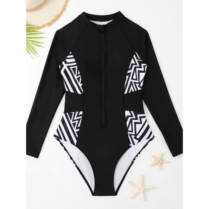 Dame Rashguard badedragt med lynlås og geometrisk design Skovae