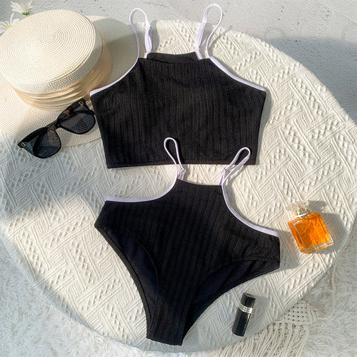 Dame Crop-Top Bikini-sæt med høj talje og fint ribdesign Skovae