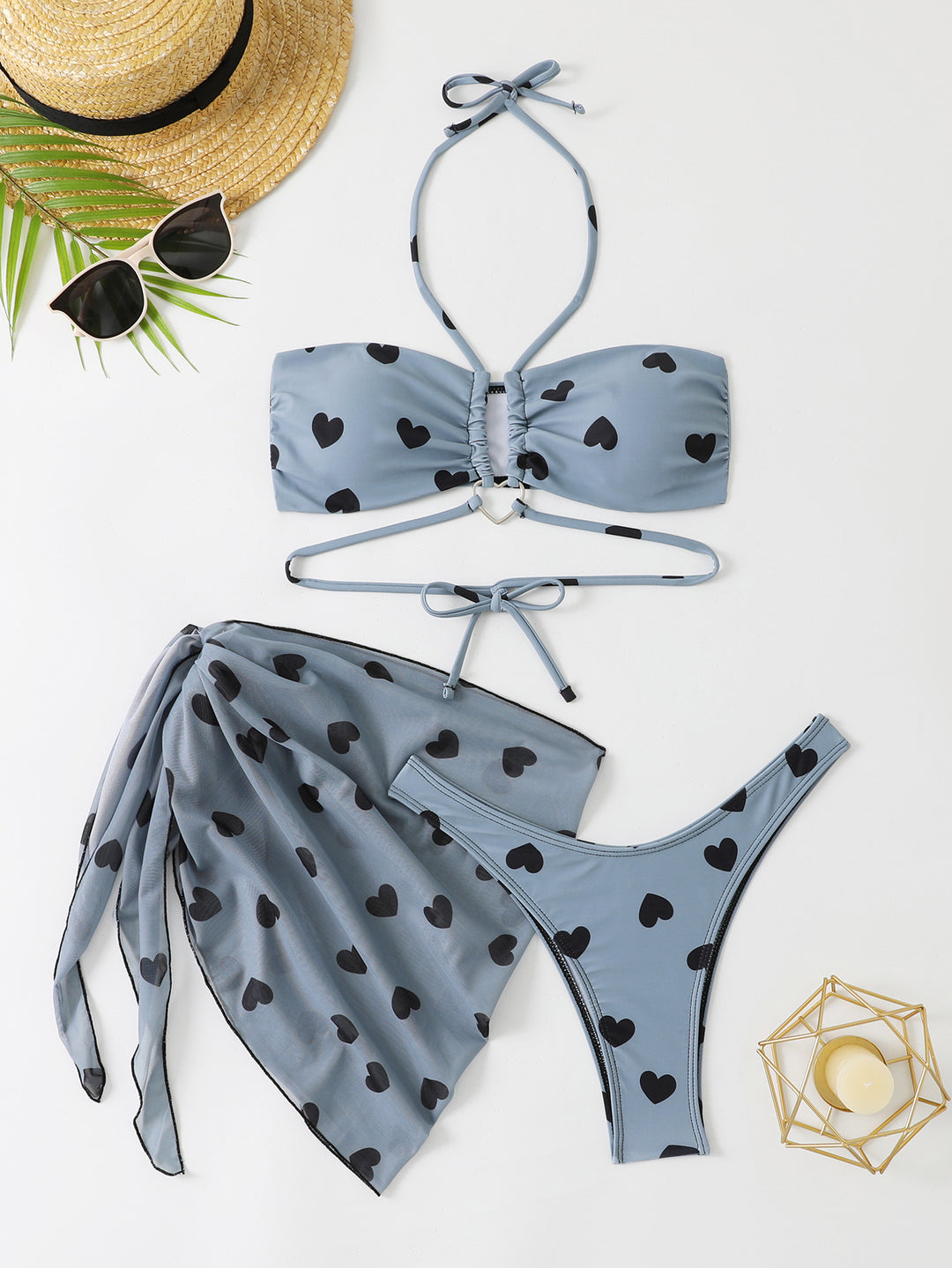 Dame Bikini-sæt med hjerteprint og raffinerede detaljer Stilla