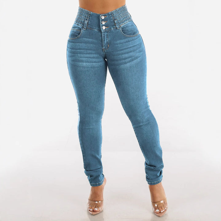 Dame høje jeans med elastisk talje og knapdetaljer Skovae