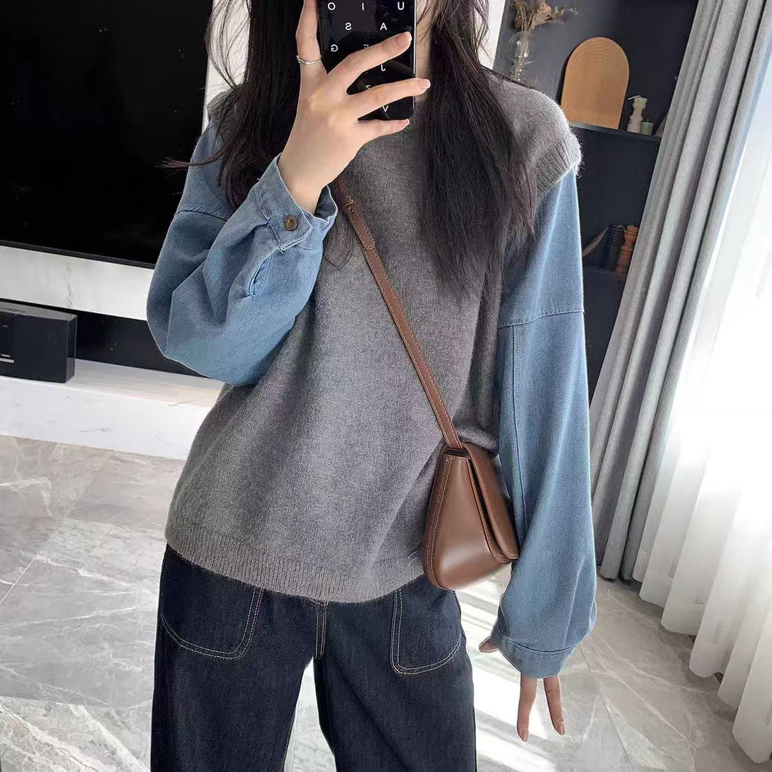 Dame Strik Sweater med Denim Ærmer Stilla