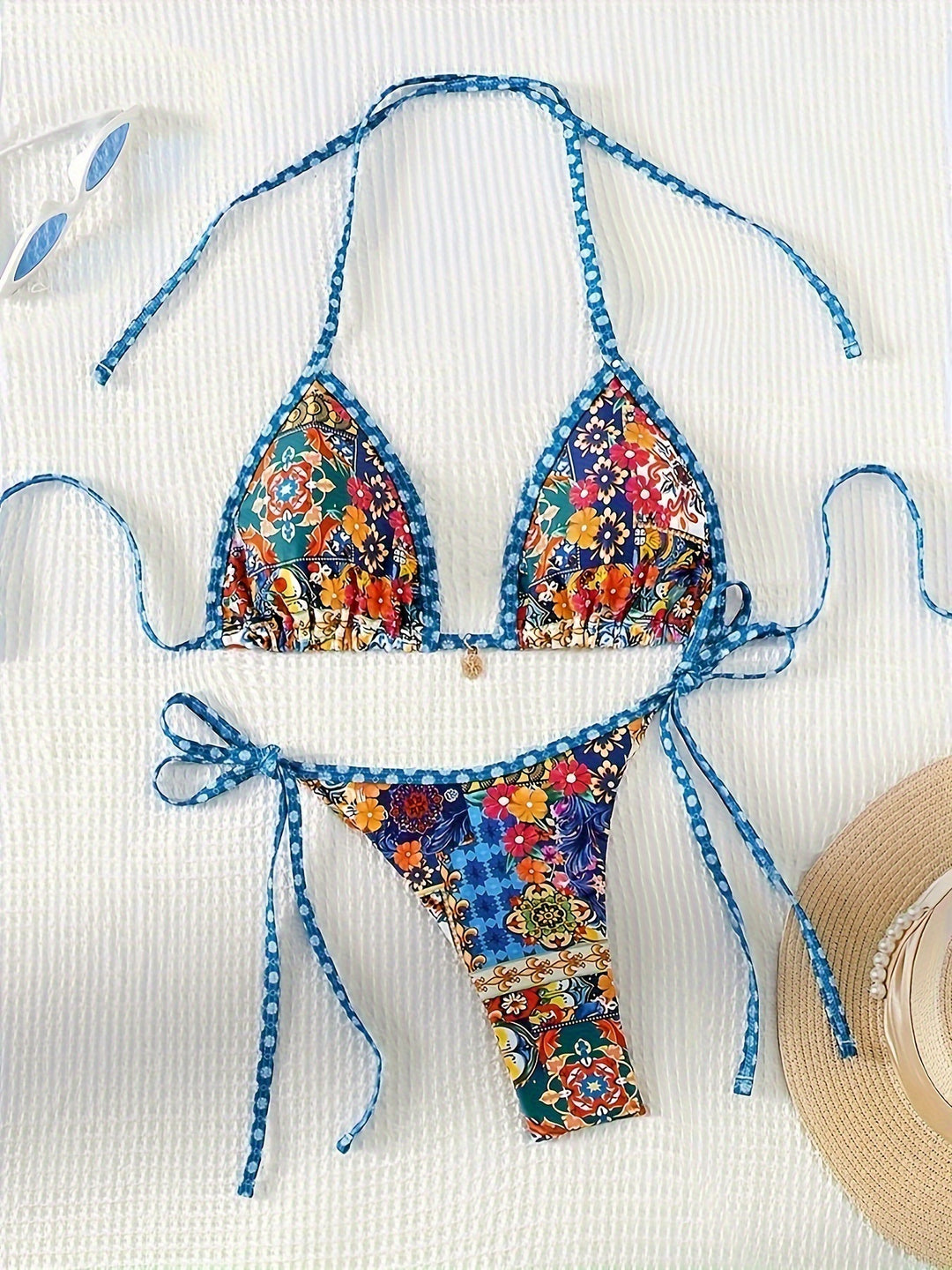 Dame Floral Print Trefold-Bikini-Sæt med justerbare bånd Stilla