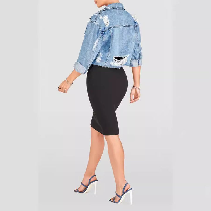 Dame mode Denimjakke i afslappet cropped-stil Stilla