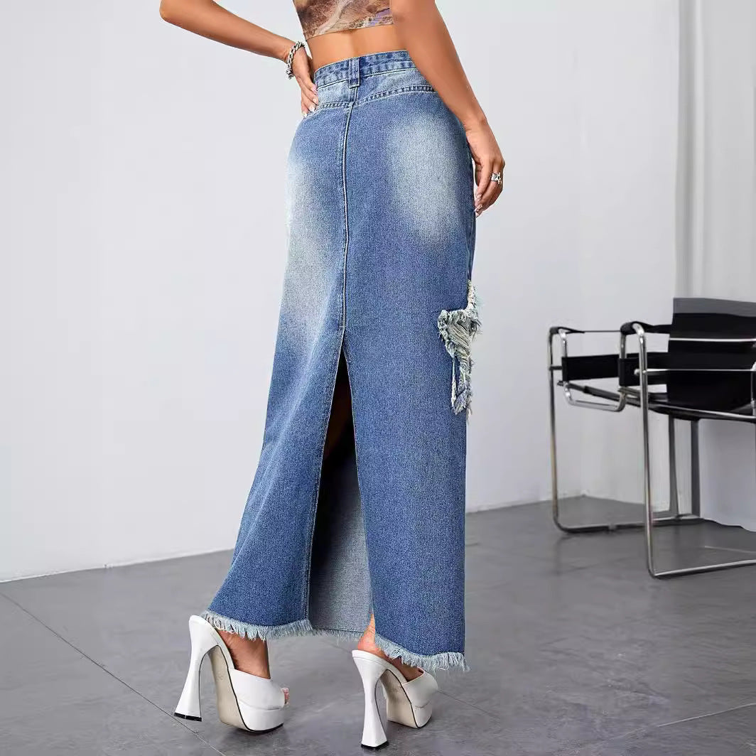 Dame Længere Denim-Nederdel med frynset accenter og ødelagte detaljer Stilla