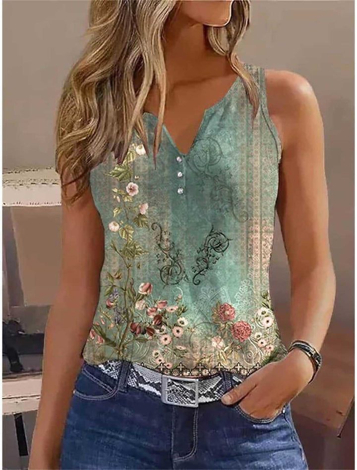 Dame ærmeløs top med blomstermotiv og knaplukning Stilla