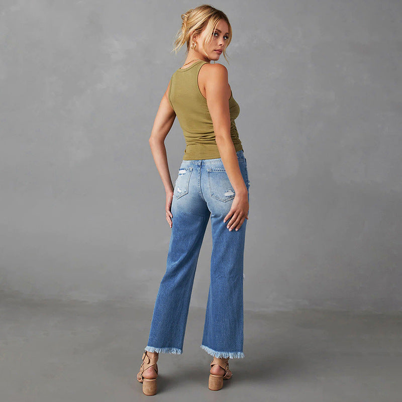 Dame High-Waist Jeans i Used-Look med frynser og revnedetaljer Stilla