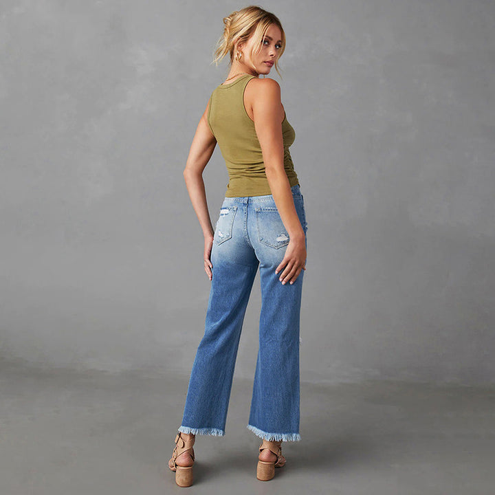 Dame High-Waist Jeans i Used-Look med frynser og revnedetaljer Stilla