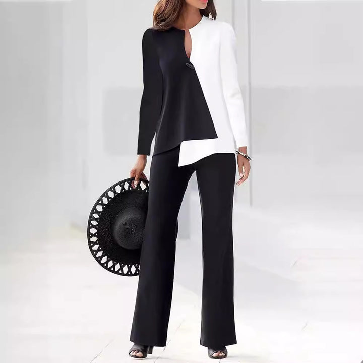 Dame Elegante og moderne to-delt sæt med asymmetrisk bluse og bredt skåret bukser Stilla