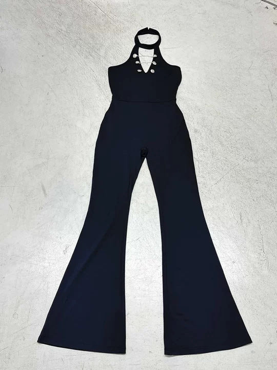 Dame Flydende Jumpsuit med høj afslutning og dekorative knapper Skovae