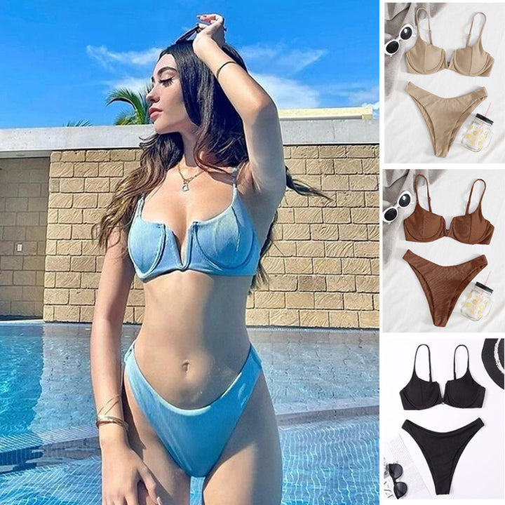 Dame Push-Up Bikini med ribbet tekstur og justerbare stropper Skovae