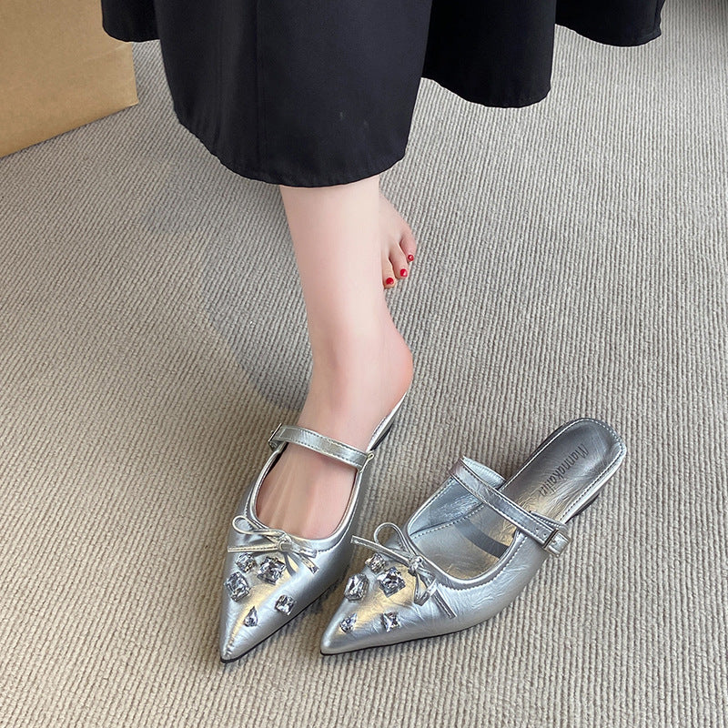 Dame Elegante Spids-Tå Slingback Mules med Strassdekoration Stilla