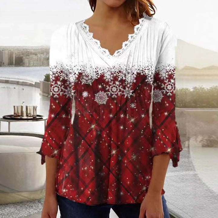Dame Blusenshirt med elegant blondehals og festligt ternet mønster Stilla