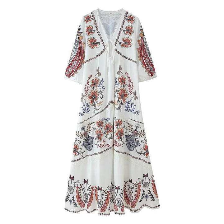 Femme Bohemian Floral Print Maxi Kjole med broderede detaljer Stilla