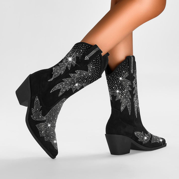 Femme Glinsende Strass-besatte Western Cowboy-Støvler Stilla