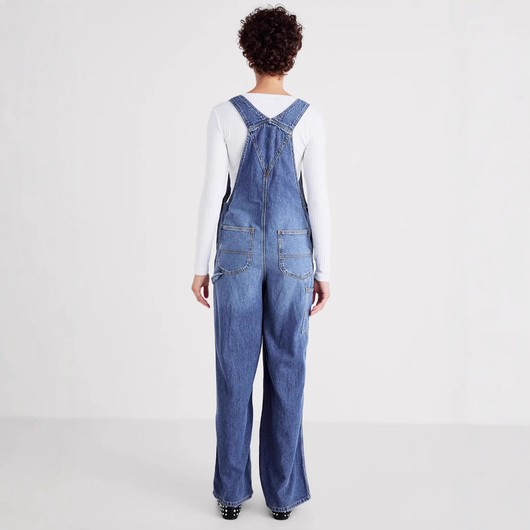 Dame denim overalls med bred ben og justerbare stropper Skovae