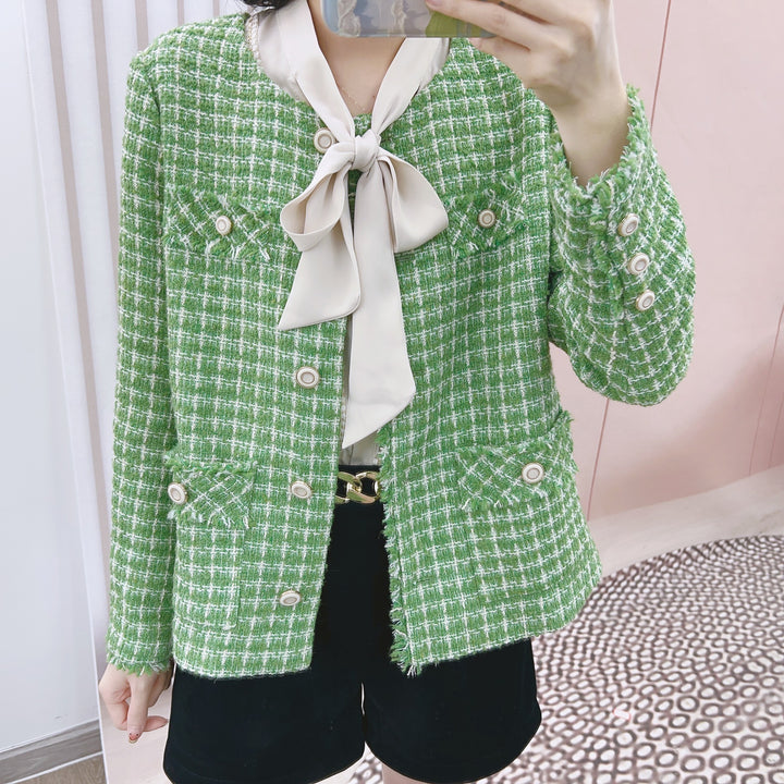Dame Tweed Blazer med elegant sløjfe og praktiske lommer Stilla