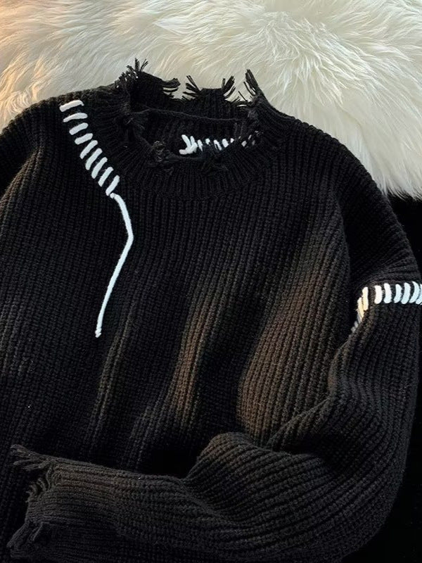 Dame Oversized Pullover med moderne frynser og unikke kontrastsyninger Stilla