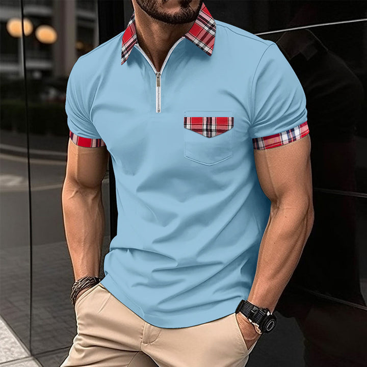 Herre Moderne Halv-Zip Polo T-Shirt med ternet Detalje Stilla