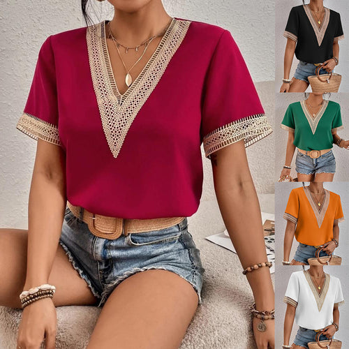 Dame elegant V-hals bluse med dekorativ hæklet borte Stilla